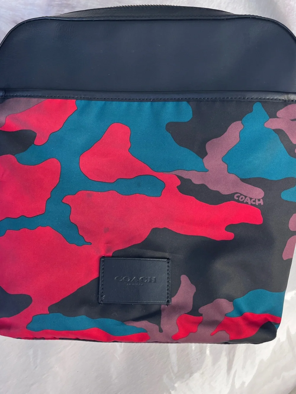 Coach Crossbody Bag in Black with Red and Teal Camo As Is